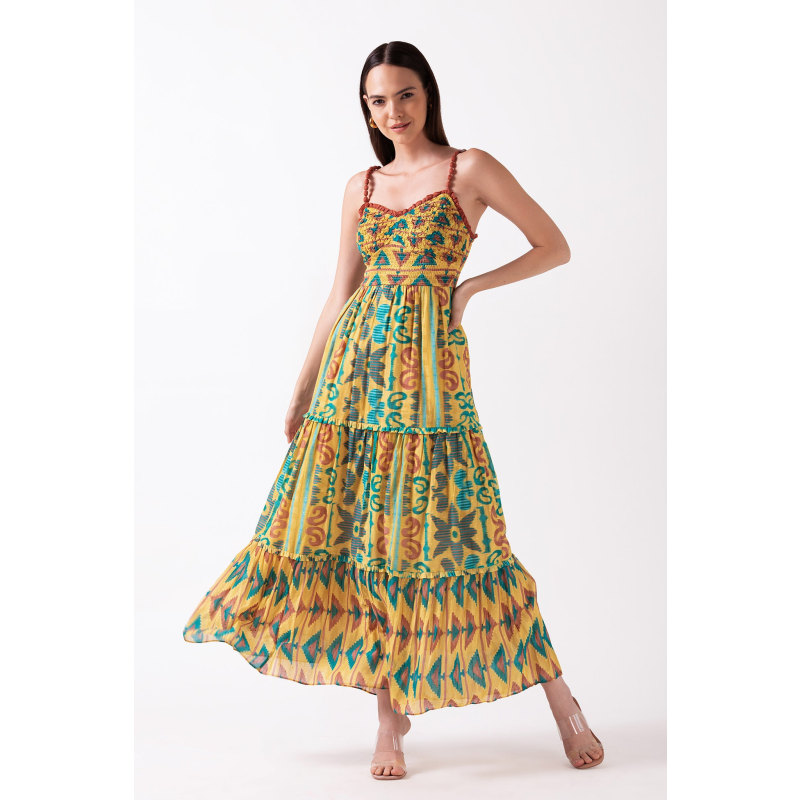 Thumbnail of Savari - Mustard Smocked Strap Midi Dress image