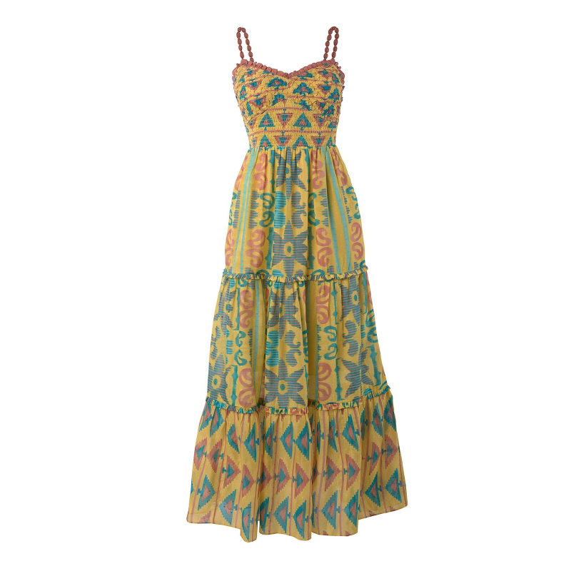 Thumbnail of Savari - Mustard Smocked Strap Midi Dress image