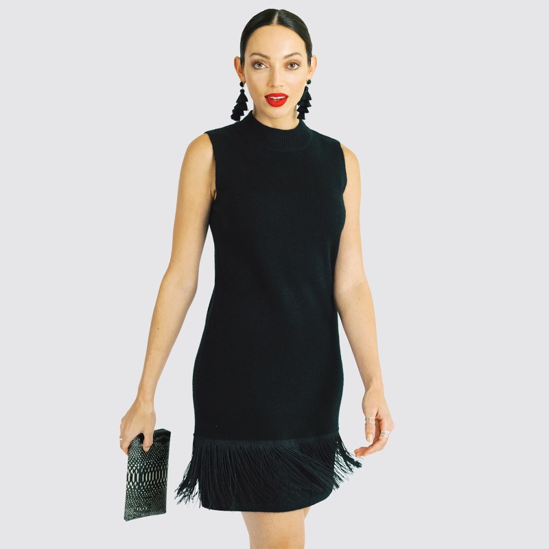 Thumbnail of Cashmere Mockneck Shift Dress With Fringe Hem - Black image