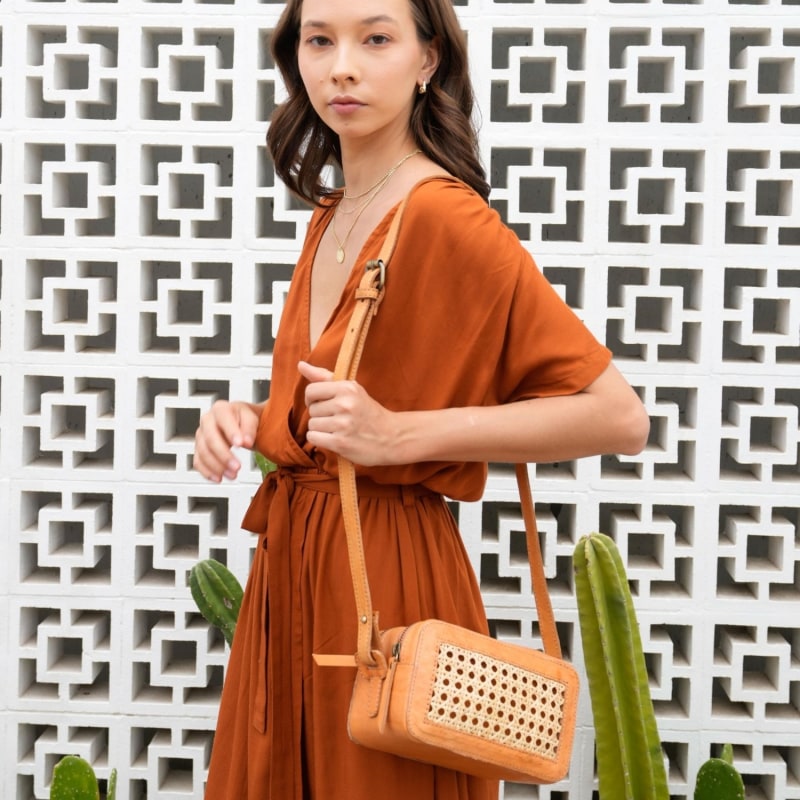 Thumbnail of Scarlett Leather And Cane Crossbody Bag In Tan image