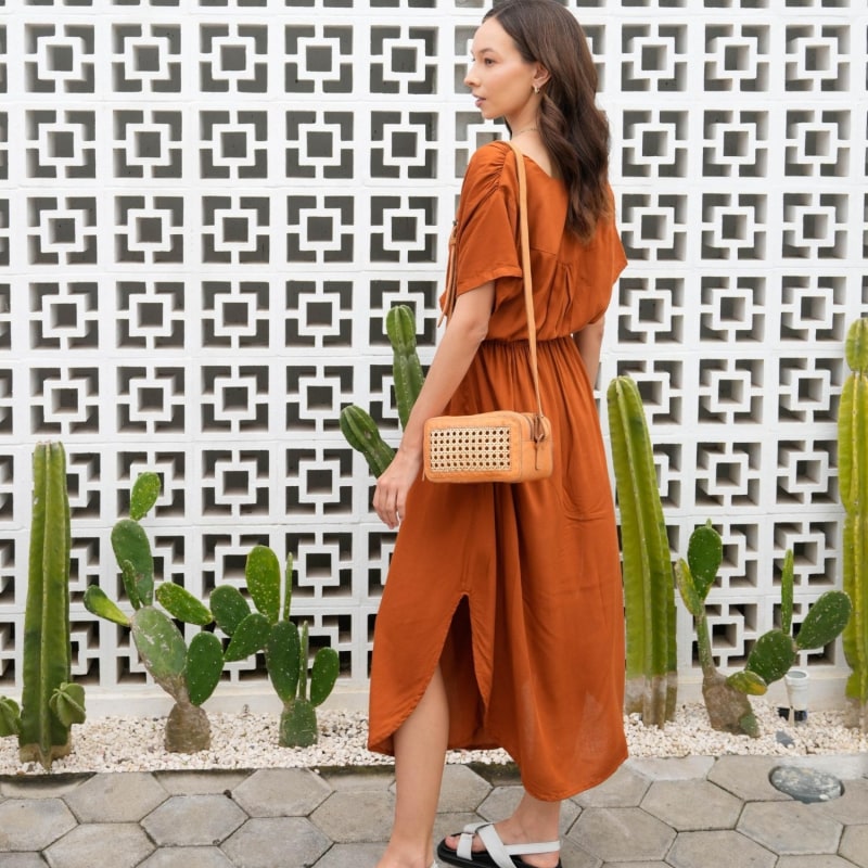 Thumbnail of Scarlett Leather And Cane Crossbody Bag In Tan image