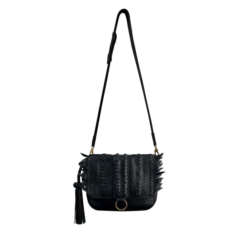 Thumbnail of Seneca Black Full-Grain Leather Handbag With Braided Details & Eye-Catching Fringe image