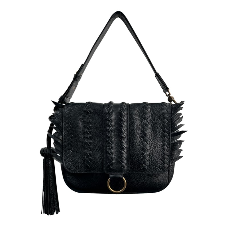 Thumbnail of Seneca Black Full-Grain Leather Handbag With Braided Details & Eye-Catching Fringe image