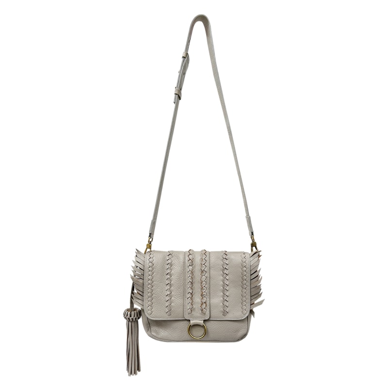 Thumbnail of Seneca Gray Taupe Full-Grain Leather Handbag With Braided Details & Eye-Catching Fringe image