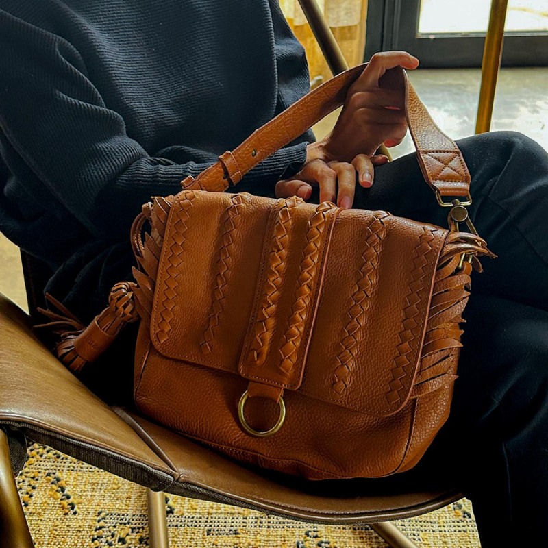 Thumbnail of Seneca Tan Mocha Full-Grain Leather Handbag With Braided Details & Eye-Catching Fringe image