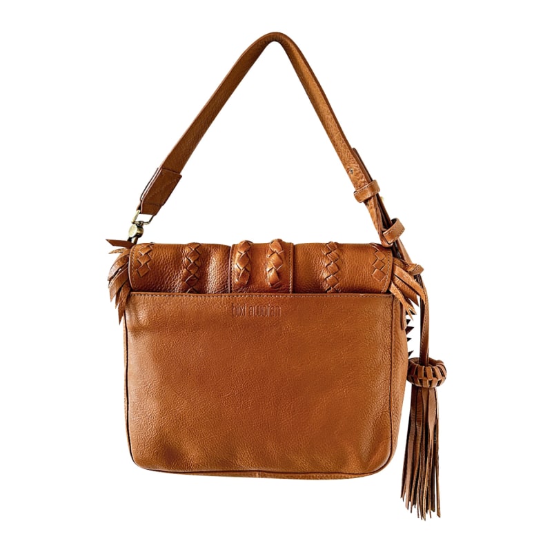 Thumbnail of Seneca Tan Mocha Full-Grain Leather Handbag With Braided Details & Eye-Catching Fringe image