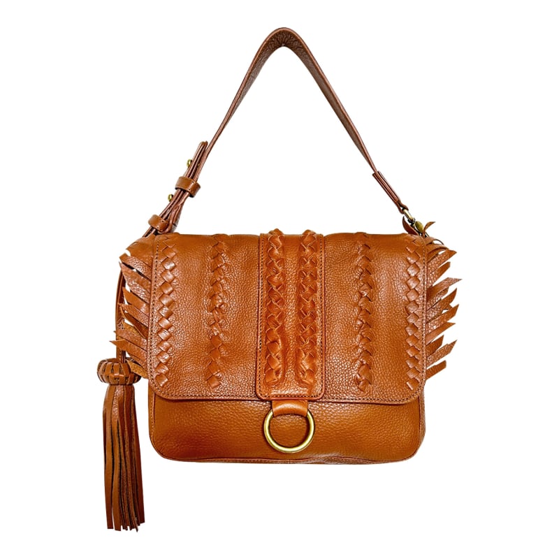 Thumbnail of Seneca Tan Mocha Full-Grain Leather Handbag With Braided Details & Eye-Catching Fringe image