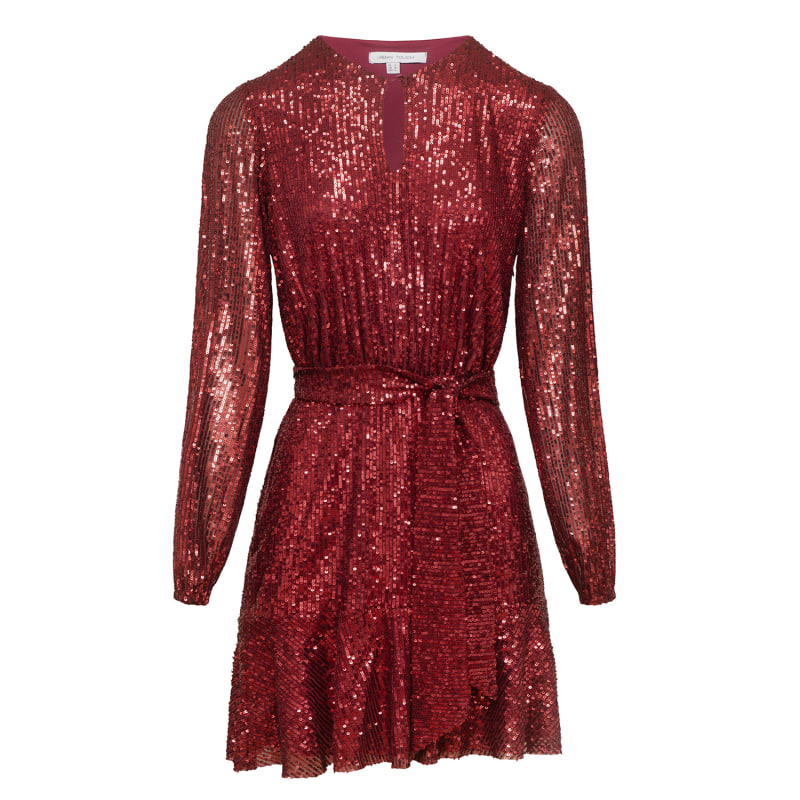 Sequin Skater Dress With Long Sleeve Burgundy by Urban Touch