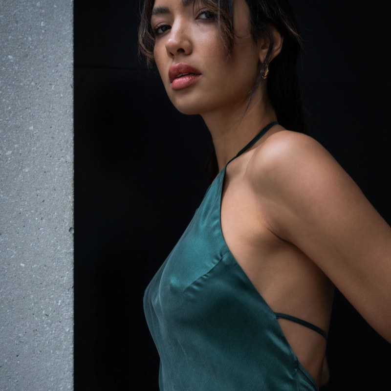 Seren Silk Halter Dress Evergreen Open Tie Back Dark Green Anaphe