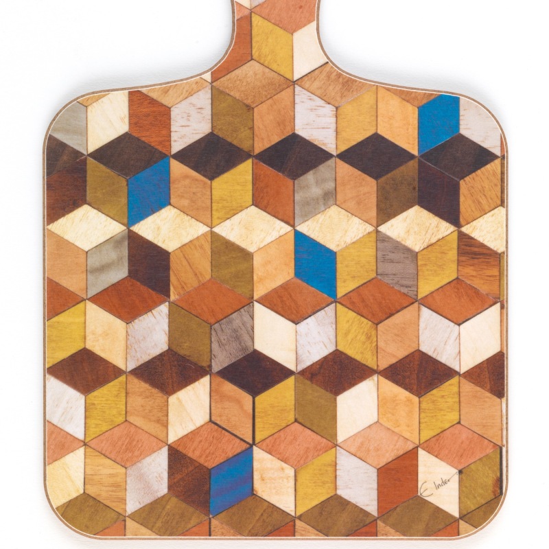 Thumbnail of Set Of One Chopping Board Paddle And Hexagonal Teapot Stand In Warm Earthy Shades With A Pop Of Blue. Practical Stylish Gift. image