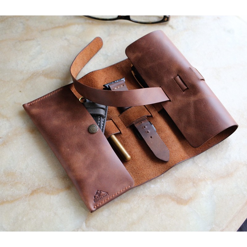 Stationery Case, Roll up Pencil Case With Leather Strap 