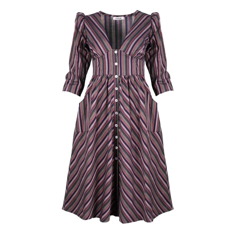 Thumbnail of Antonia Dress In Plum Woven Stripe Cotton With Shell Buttons And Patch Pockets image