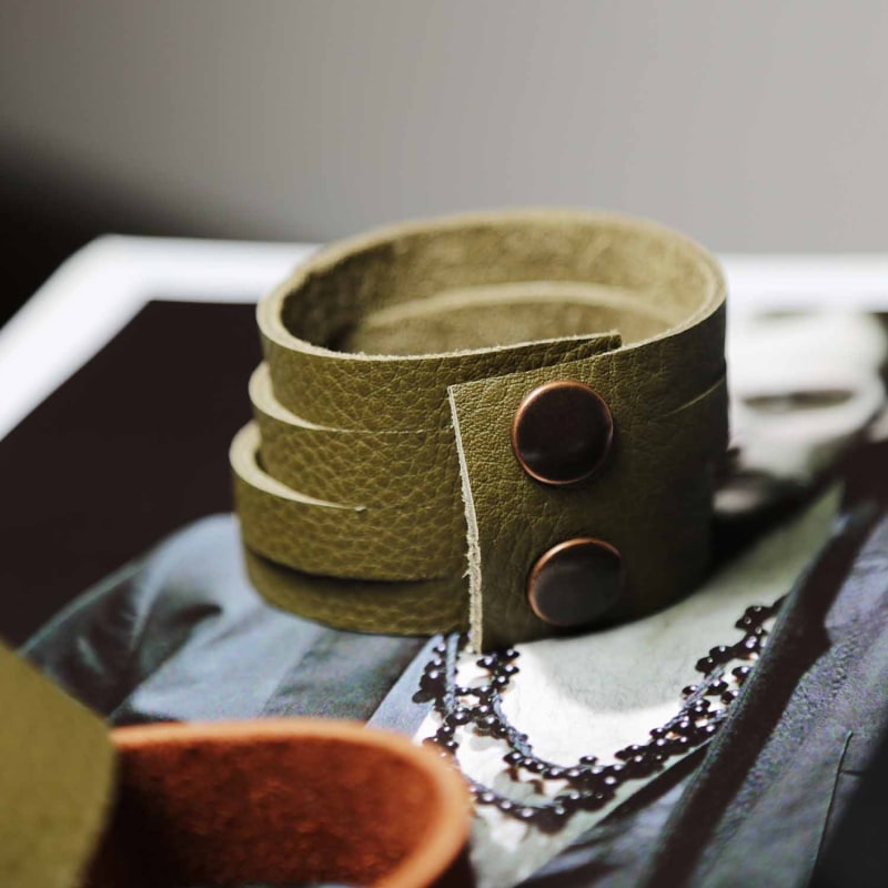 Thumbnail of Mens Wide Olive Green Leather Multiple Slit Cuff Bracelet image