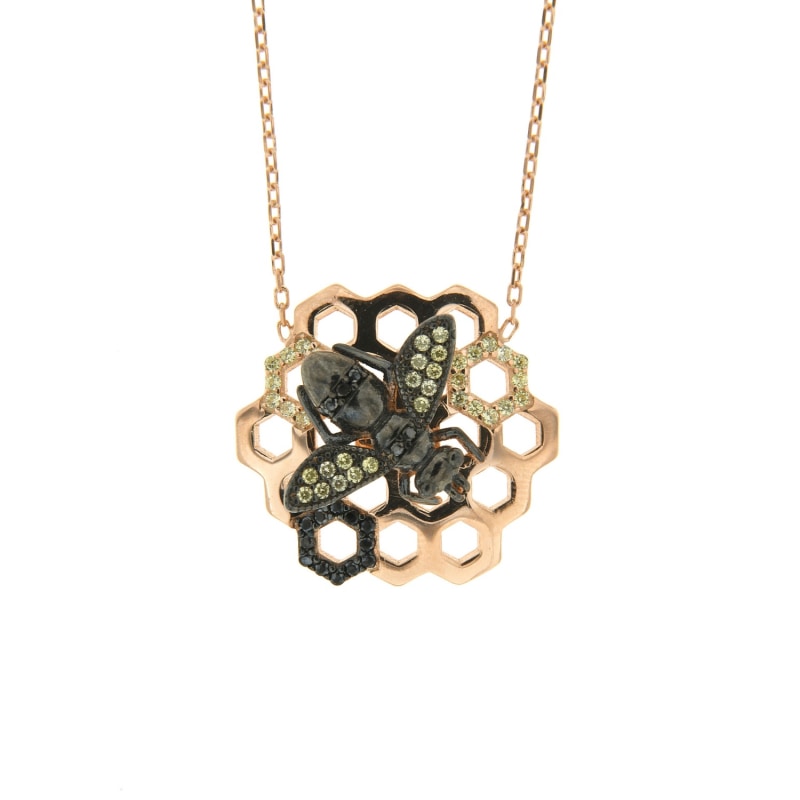 Thumbnail of Sterling Silver Honeycomb Bee Black Cz Necklace in Rose Gold image