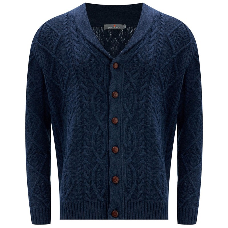 Shawl Collar Cashmere Blend Cable Knit Men s Cardigan Indigo by Peraluna