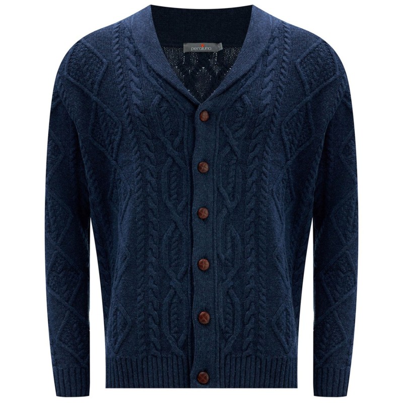 Thumbnail of Shawl Collar Cashmere Blend Cable Knit Men's Cardigan - Indigo image