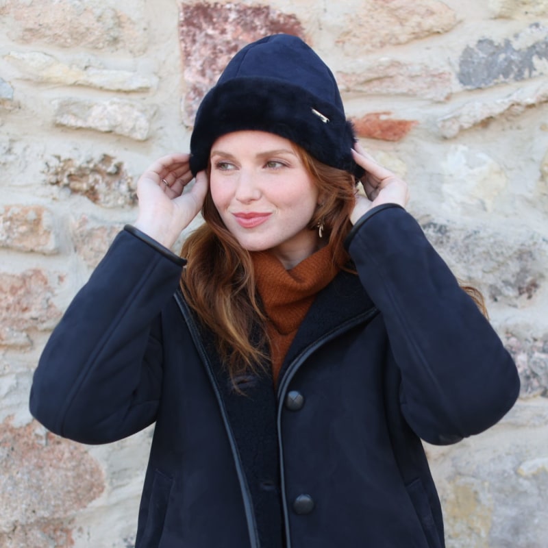 Thumbnail of Sheepskin Beanie Hat Navy Blue Deane By Owen Barry image