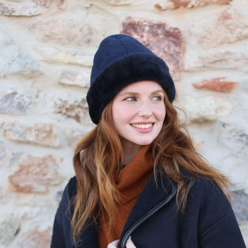 Thumbnail of Sheepskin Beanie Navy Blue Deane By Owen Barry image