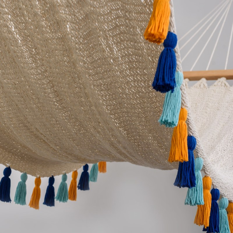 Thumbnail of Deluxe Natural Cotton Hammock With Hue Inspired Tassels - Teak Wooden Bar image