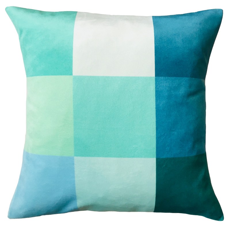 Thumbnail of Teal Blue Squares Velvet Cushion image