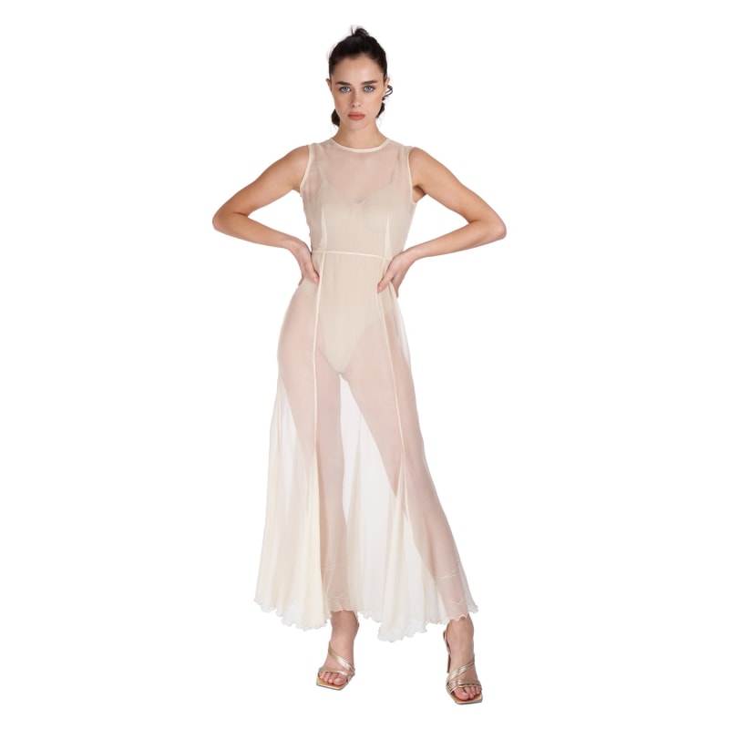 Silk Crepon Transparent Dress In Nude by Sofia Tsereteli