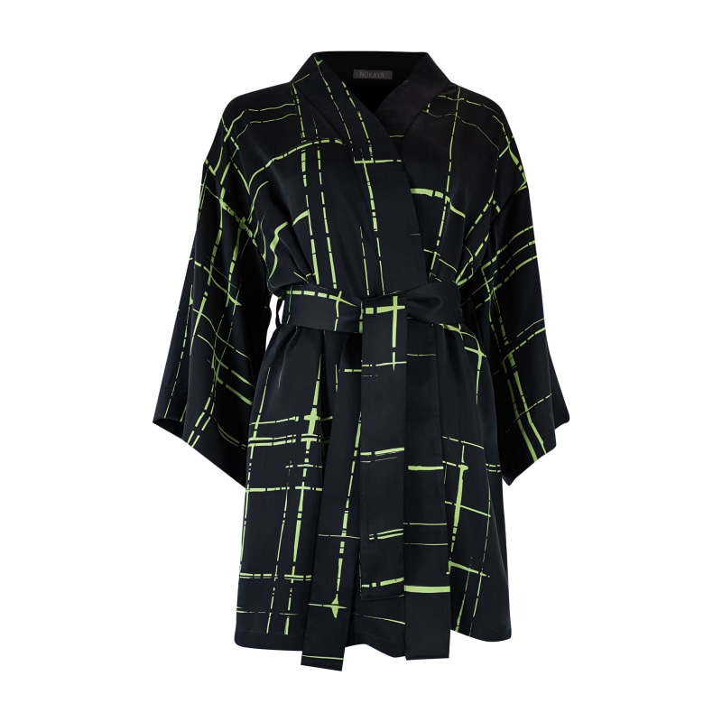 Thumbnail of Silk Dreamscape Short Kimono Robe Black Check image