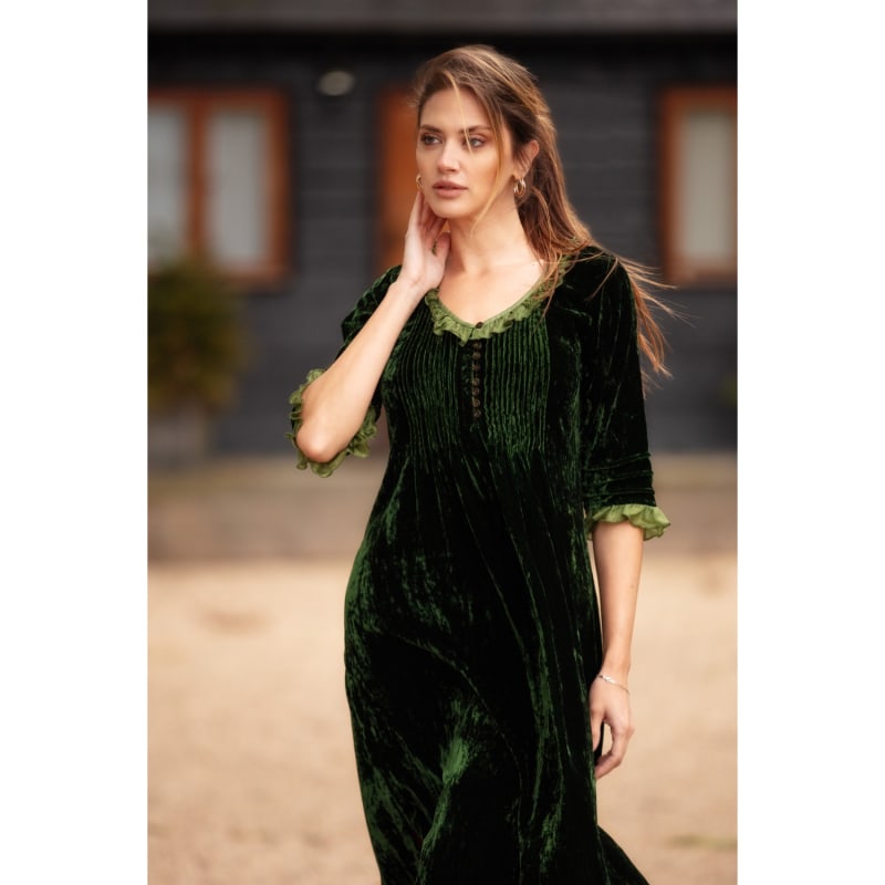 Silk Velvet Karen Dress In Forest Green At Last... Wolf & Badger