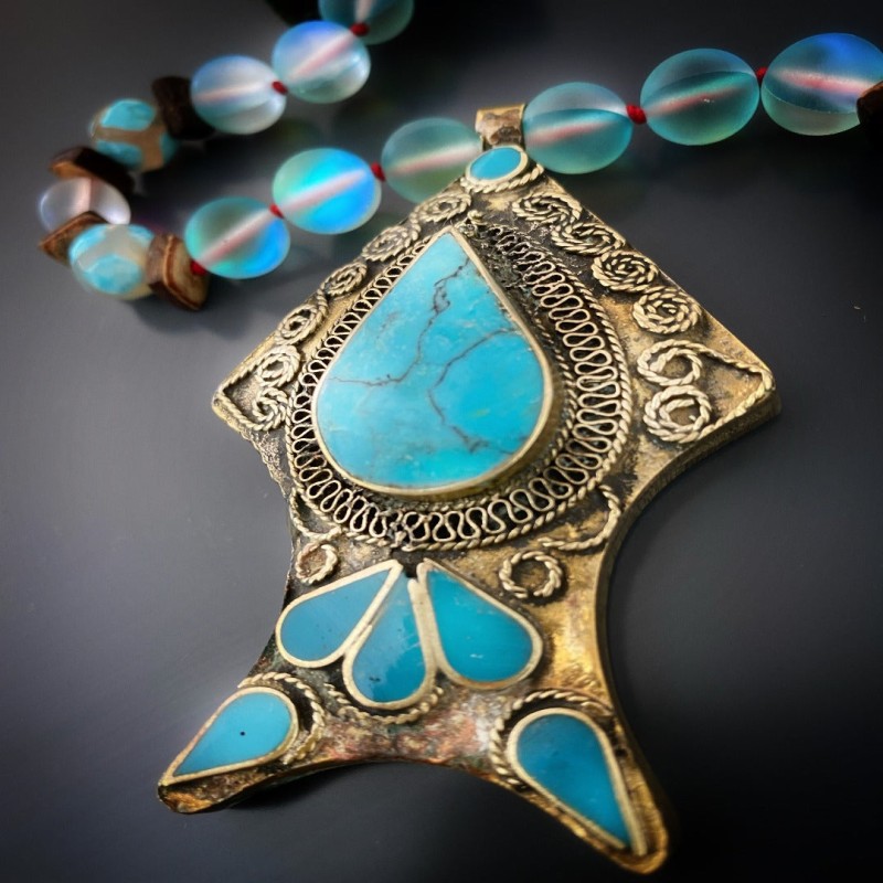 Thumbnail of Abundance Nepal Silver & Turquoise Stone Pendant Unique Blue Beaded Necklace image