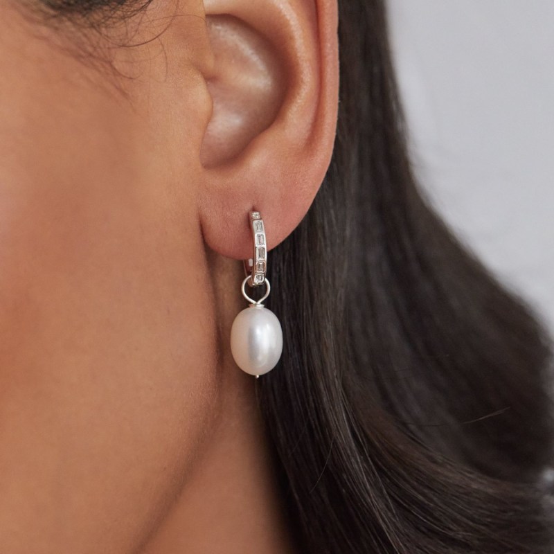 Thumbnail of Silver Diamond Style Baguette Pearl Drop Hoop Earrings image