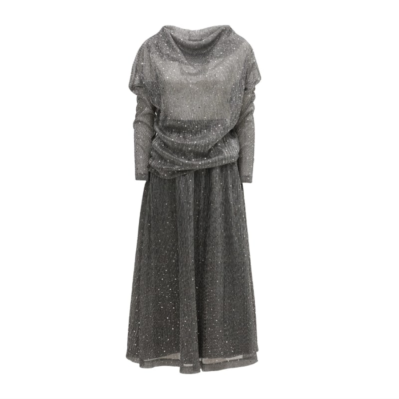 Silver Glitter Set Pleated Skirt And Drape Top by Julia Allert