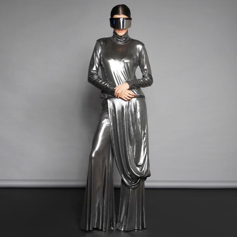 Silver Lycra Flared Pants by Silvia Serban