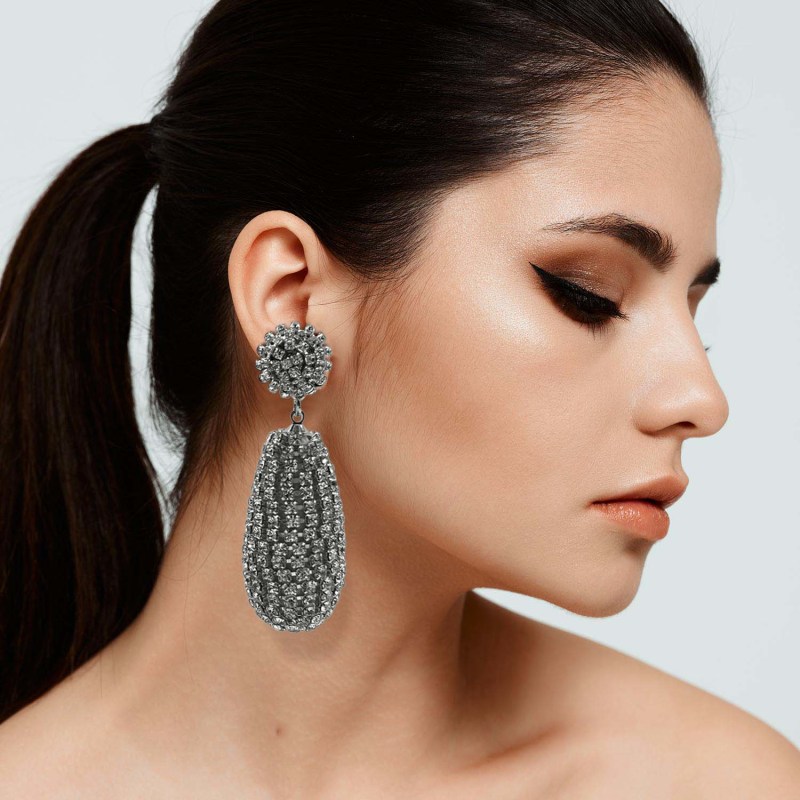 Thumbnail of Silver Plated Rhinestone Covered Resin Teardrop Resin Earrings image