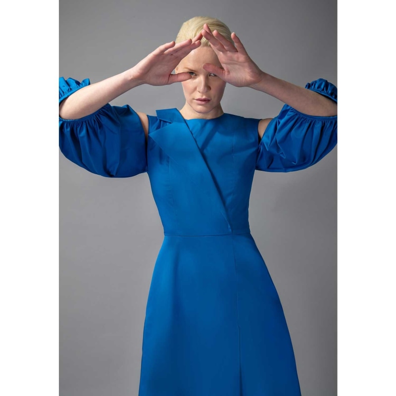 Thumbnail of Asymmetric Lapel A-Line Cotton Dress - Sapphire Blue image