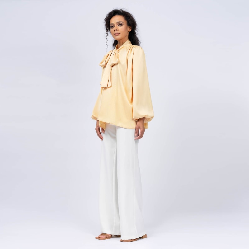 Pink Blouse With Draped Shoulders & Bow Ribbon | BLUZAT Pink Blouse With Draped Shoulders & Bow Ribbon | BLUZAT