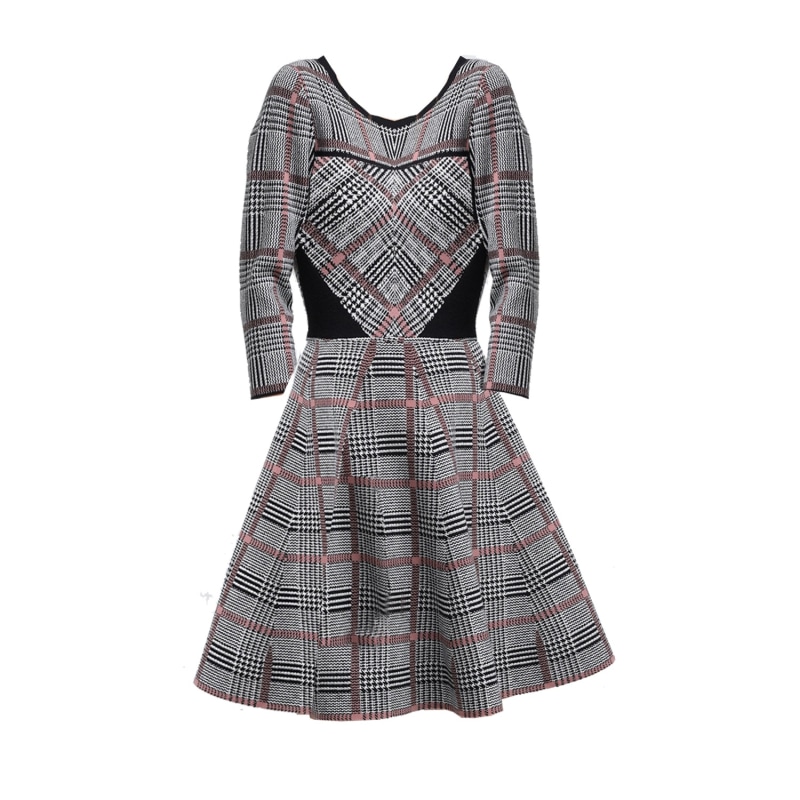 Fit And Flare Tartan Knit Dress Pink Purple by Smart and Joy