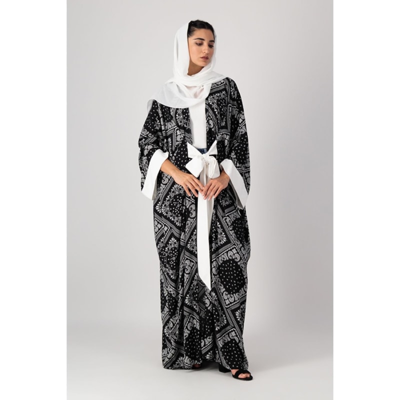 Thumbnail of Classic Abaya Cut With Belt In Printed Black Paisley Rayon image