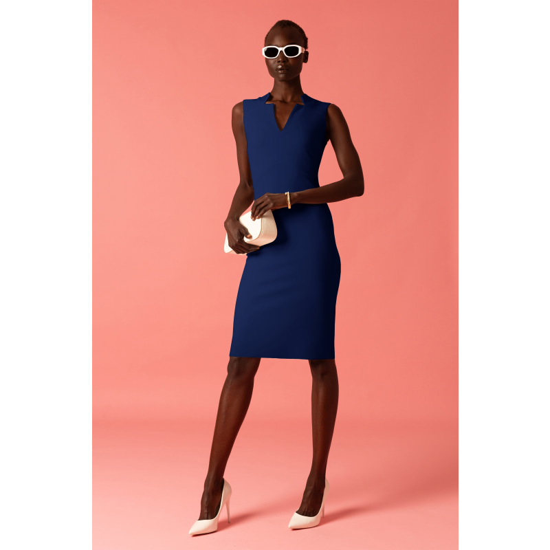 Thumbnail of Sleeveless Notched Collar Pencil Dress In Navy image