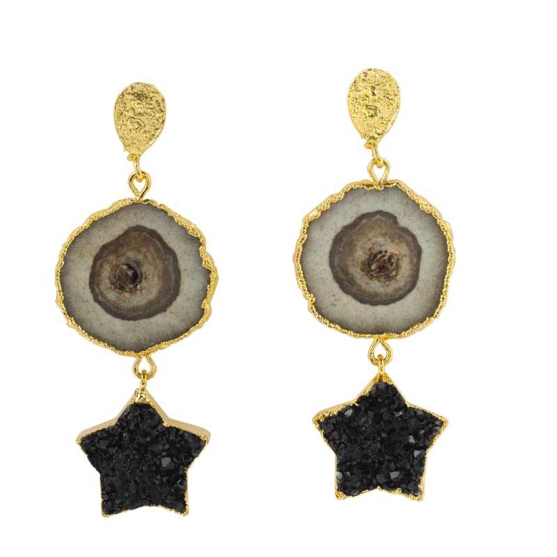 Thumbnail of 'Night Sky' Black Star Gold Gemstone Statement Earrings image