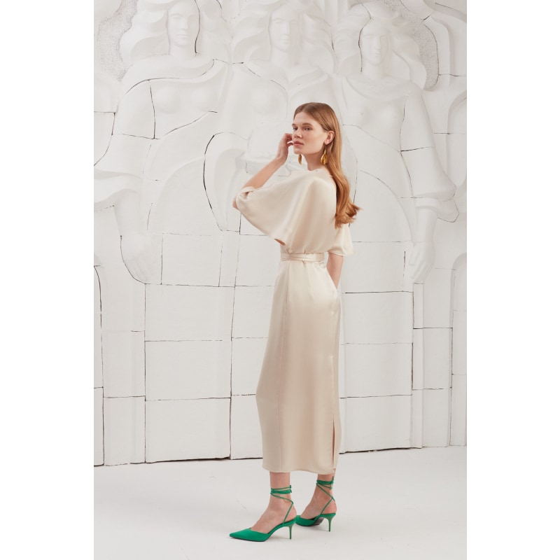 Thumbnail of Gina Beige Midi Cocktail Dress With Butterfly Sleeves image