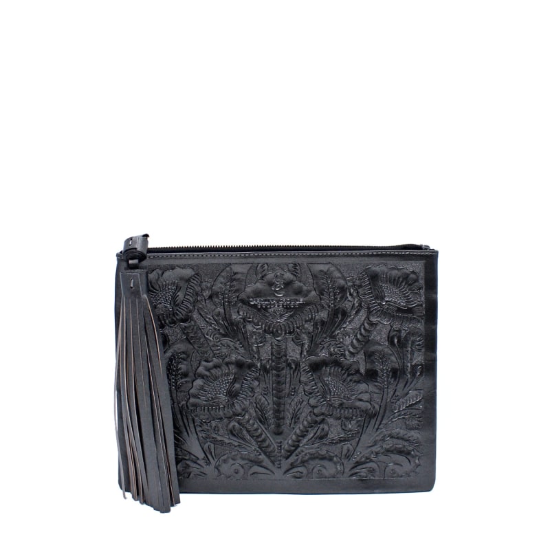 Hand Painted Black Leather Handbag Clutch With Top Handle and 