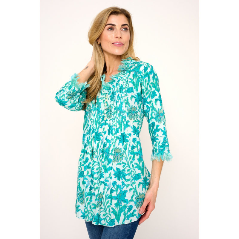 Sophie Cotton Shirt In White With Turquoise Flower | At Last... | Wolf ...