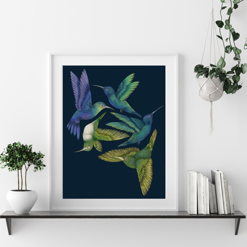 Thumbnail of Antique Hummingbirds I Indigo Fine Art Print - A3 image