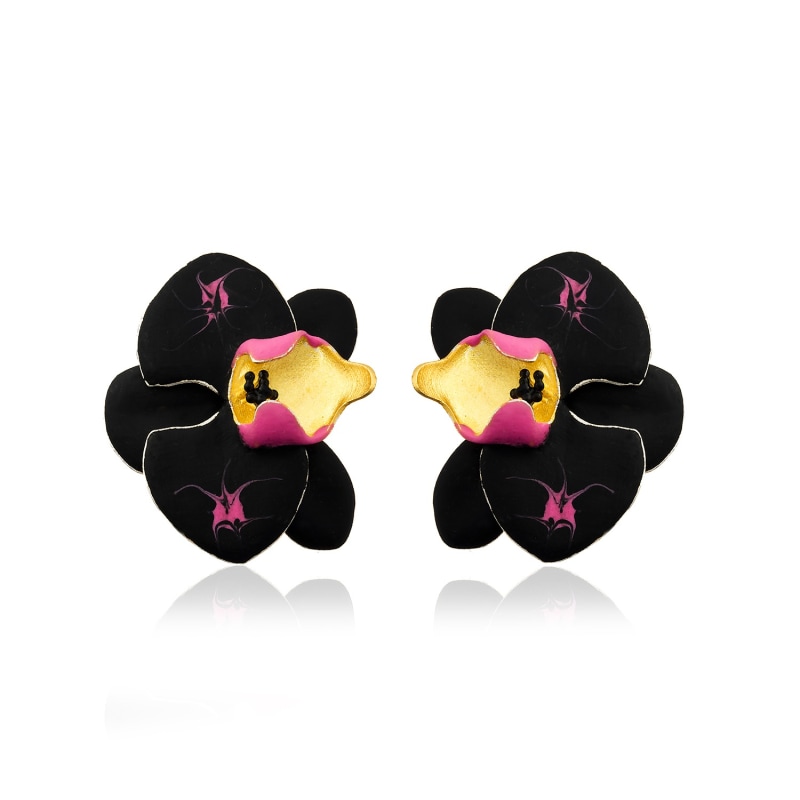 Thumbnail of Black & Fuchsia Pink Orchid Flower Earrings image