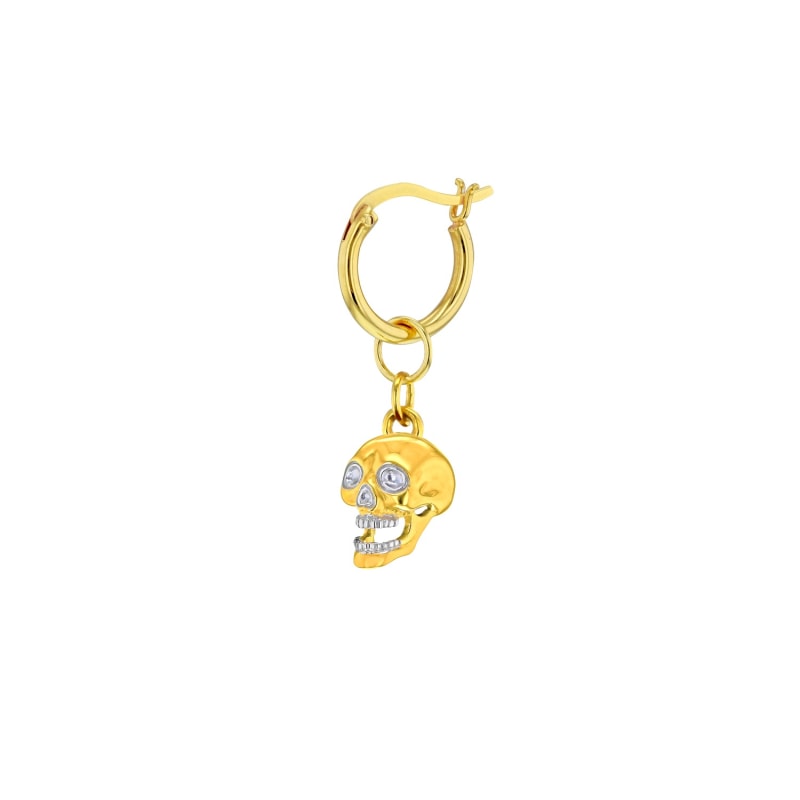 Thumbnail of 2 Tone Gold & Silver Skull Charm Hung On Gold Hoop - Gold image