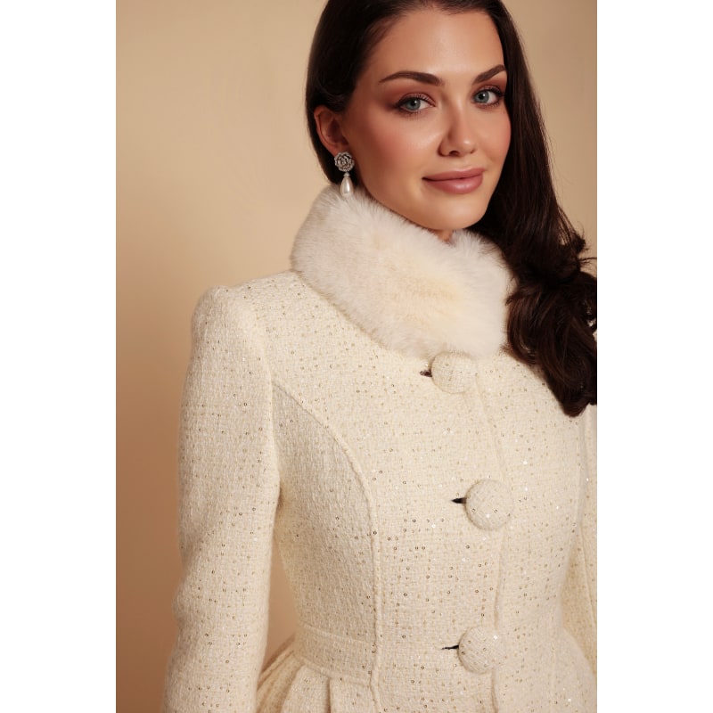Thumbnail of Starlet Wool Tweed Dress Coat With Faux Fur In Crema image