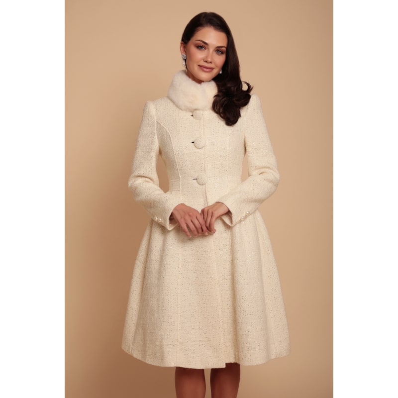 Thumbnail of Starlet Wool Tweed Dress Coat With Faux Fur In Crema image