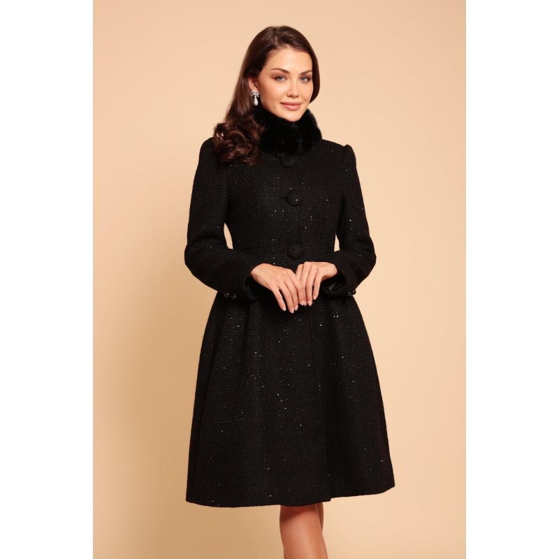 Thumbnail of Starlet Wool Tweed Dress Coat With Faux Fur In Nero image