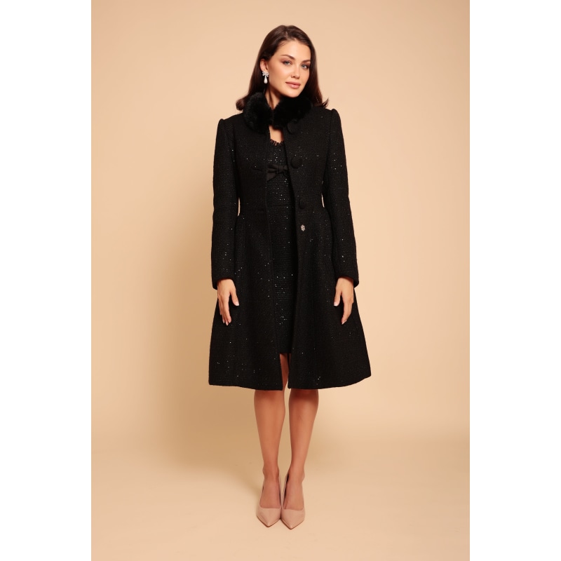 Thumbnail of Starlet Wool Tweed Dress Coat With Faux Fur In Nero image