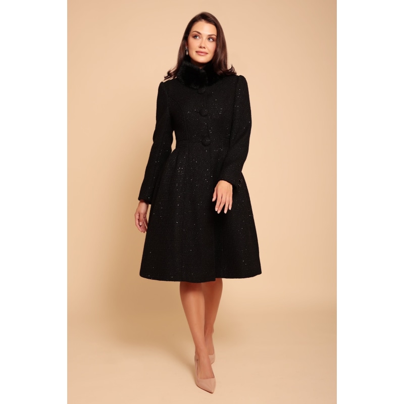 Thumbnail of Starlet Wool Tweed Dress Coat With Faux Fur In Nero image