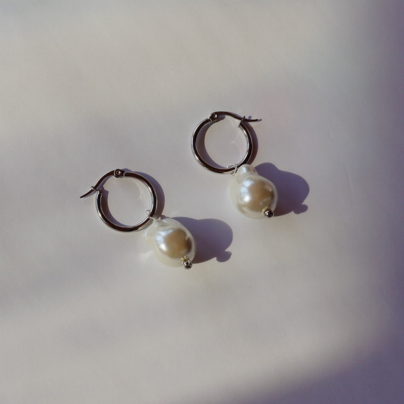 Thumbnail of Steel Me Silver Baroque Pearl Hoop Earrings image